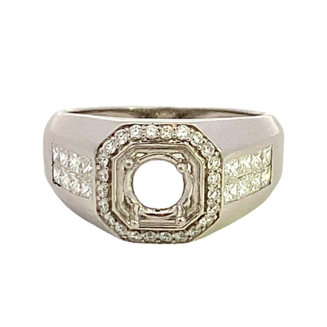 PLATINUM MENS DIAMOND RING MADE FOR A 1CT ROUND GEMSTONE: PLATINUM DIAMOND SEMI MOUNT RING SET WITH 40 =1.32 CTW PRINCESS AND ROUND CUT NATURAL DIAMONDS OF G COLOR AND SI1 CLARITY WEIGHING 16.18 GRAMS