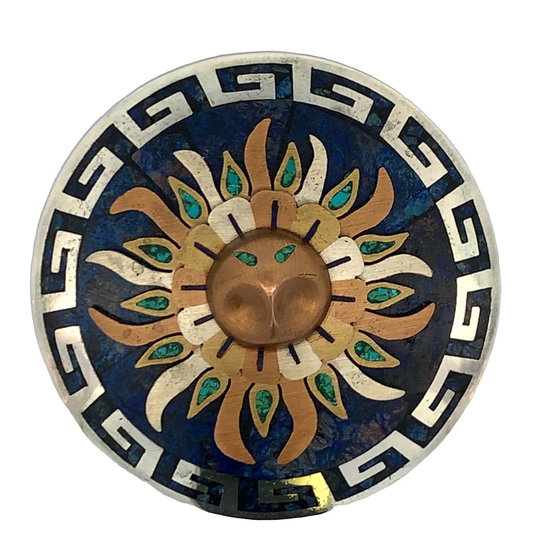 MEXICAN STERLING SILVER BROOCH/PENDANT: BEAUTIFUL LARGE 2.25" ROUND SUNBURST STYLE 925 STERLIING SILVER BROOCH/PENDANT WITH SODALITE BACKGROUND AND TURQUOISE INLAY. VARIOUS STAMPS ON BACK INCLUDE: 451, TC-55, HECHO EN MEXICO, METALES AND ST