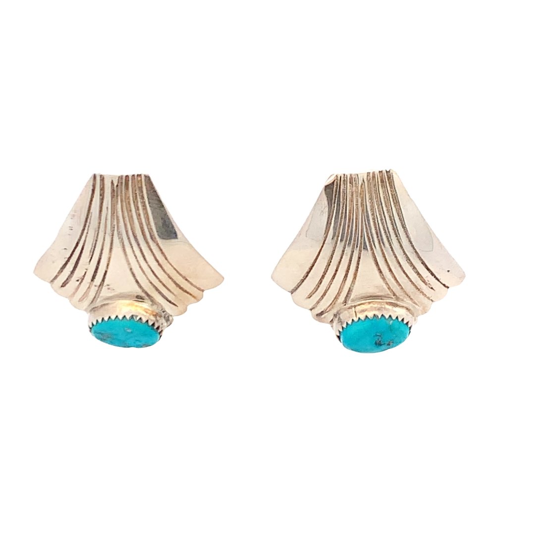 NATIVE AMERICAN SILVER EARRINGS: NATIVE AMERICAN STERLING SILVER FAN STYLE STU EARRINGS WITH ROUND TURQUOISE STONESWEIGHING 9.1 GRAMS