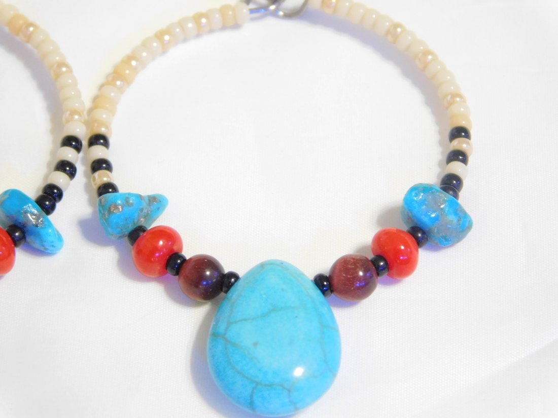 Native American Turquoise, Coral, Tigers Eye Stone Beaded Hoop Earrings (1 of 6)