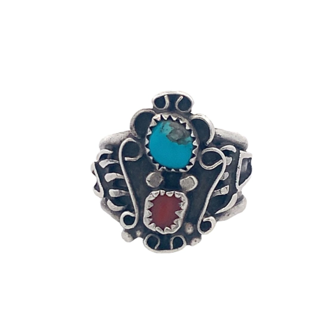 Sterling Silver Native American Style Coral & Turquoise Ring (1 of 6)