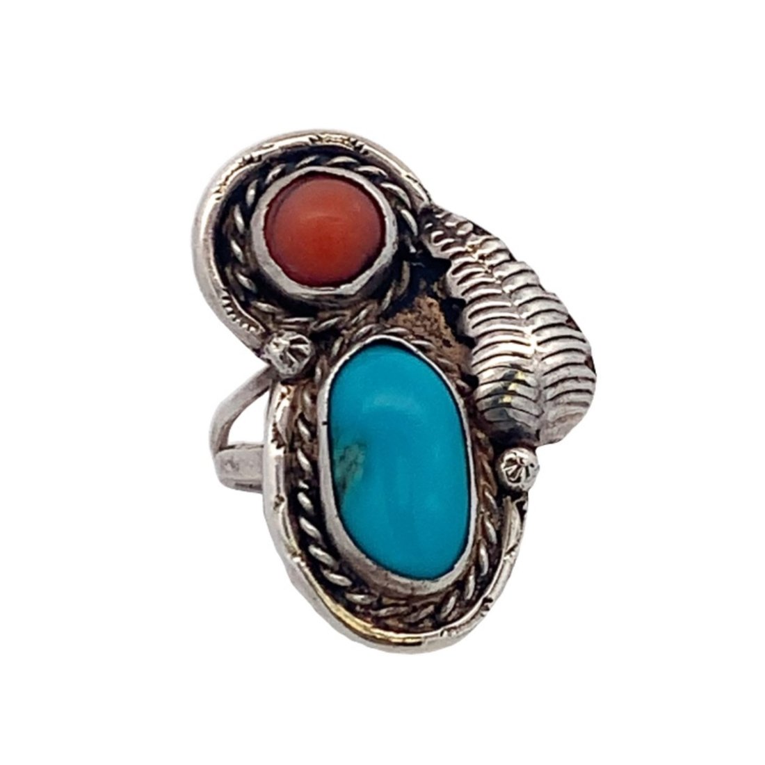 Native American Sterling Silver Ring with Turquoise and Coral: Featuring a single feather, silver dots and rope detail, this sterling silver turquoise and coral ring is very nicely done. It is a finger size 5 and measure approx. 1.25" x 0.75" and has a split styl