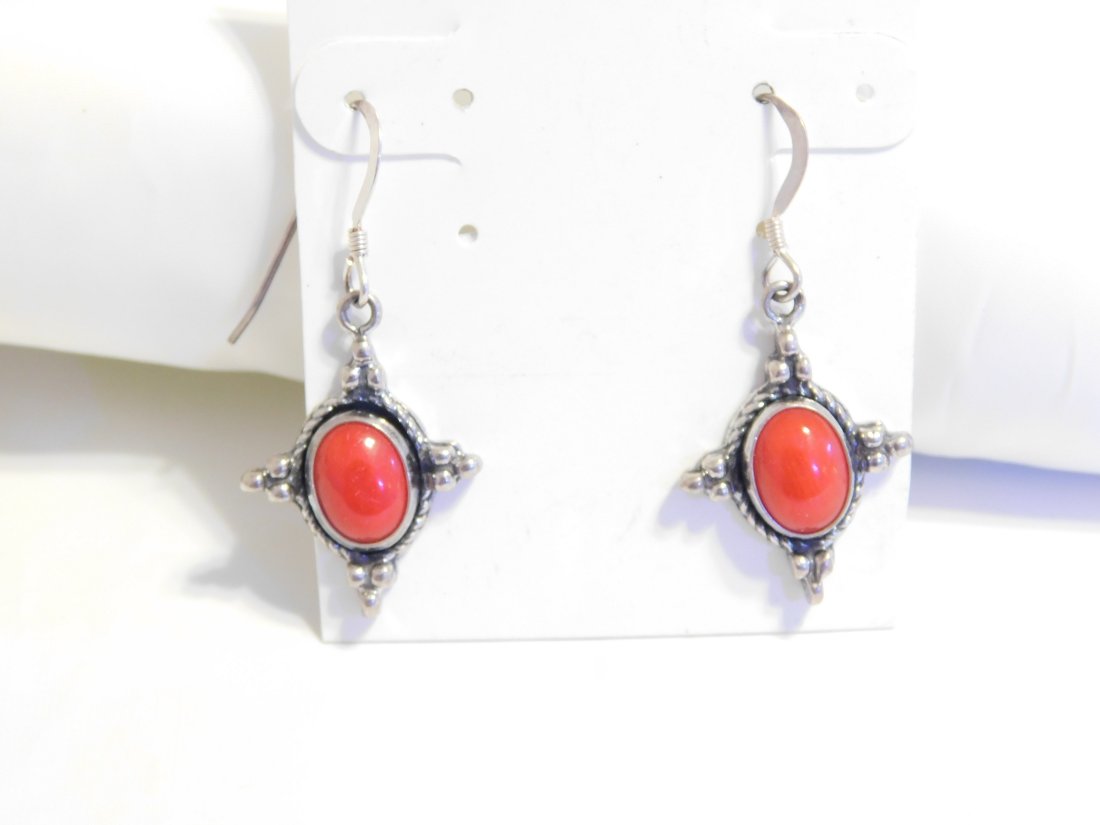 Vintage Sterling Silver Native American Red Coral Stone Dangle Earrings (1 of 6)