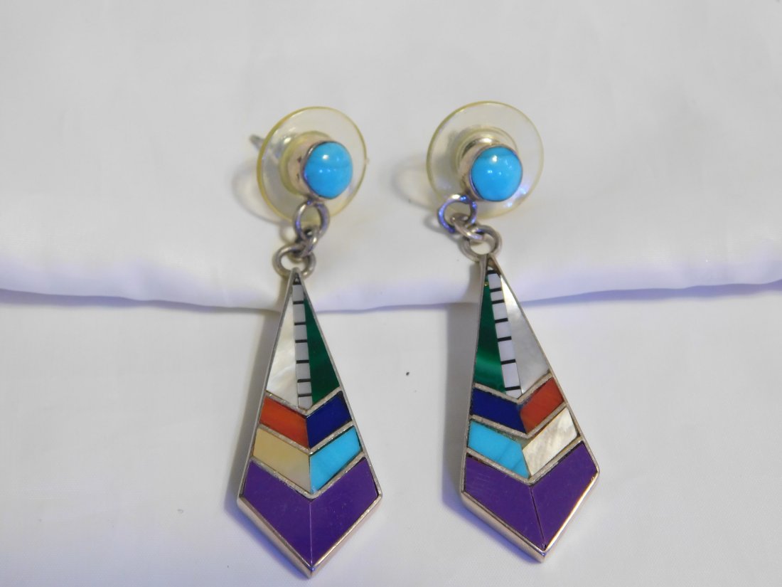 Native American Sterling Silver Zuni Multi Stone Dangle Earrings Signed (1 of 8)