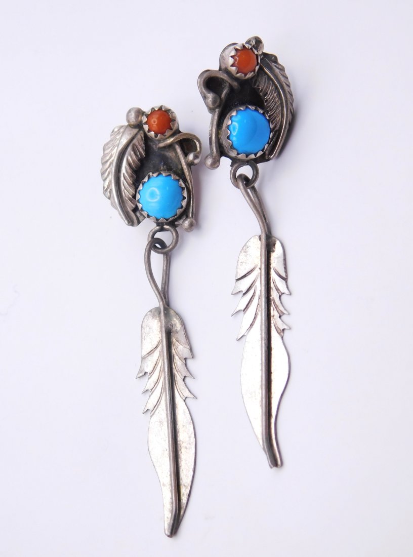 Native American Turquoise & Coral Sterling Silver Feather Earrings (1 of 3)