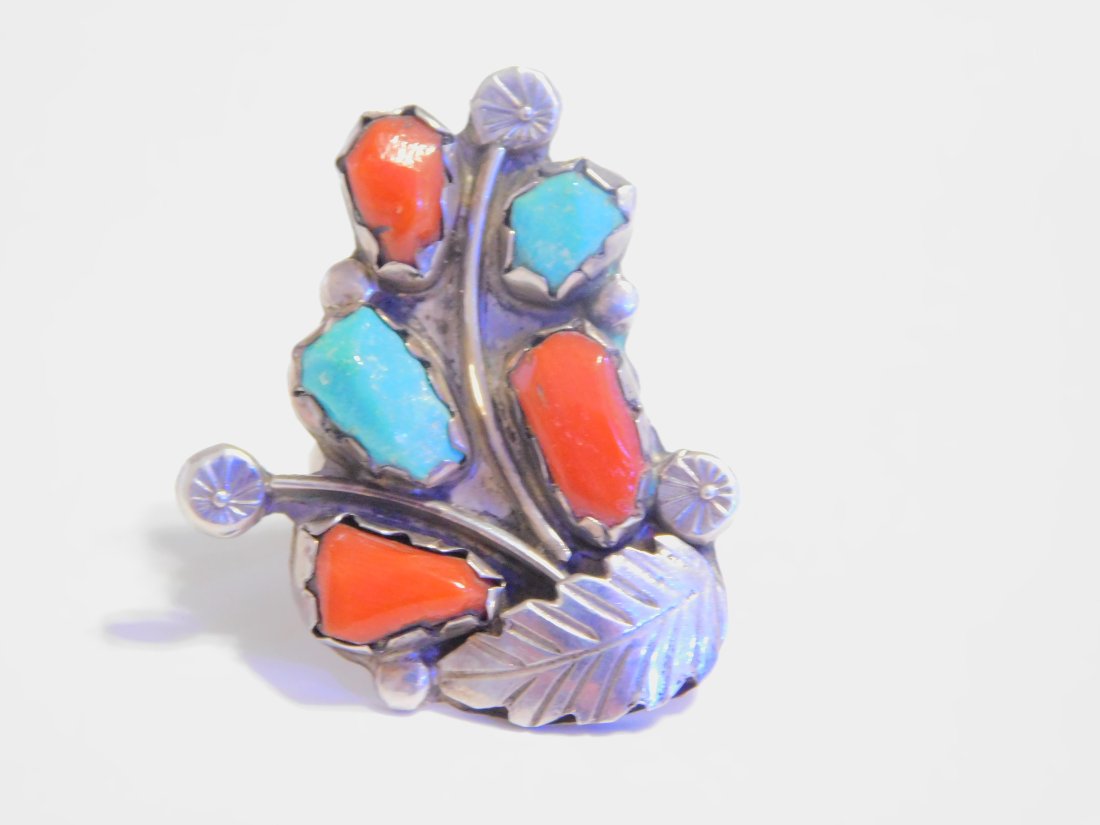 Large Vintage Sterling Silver Native American Turquoise Coral Ring (1 of 6)