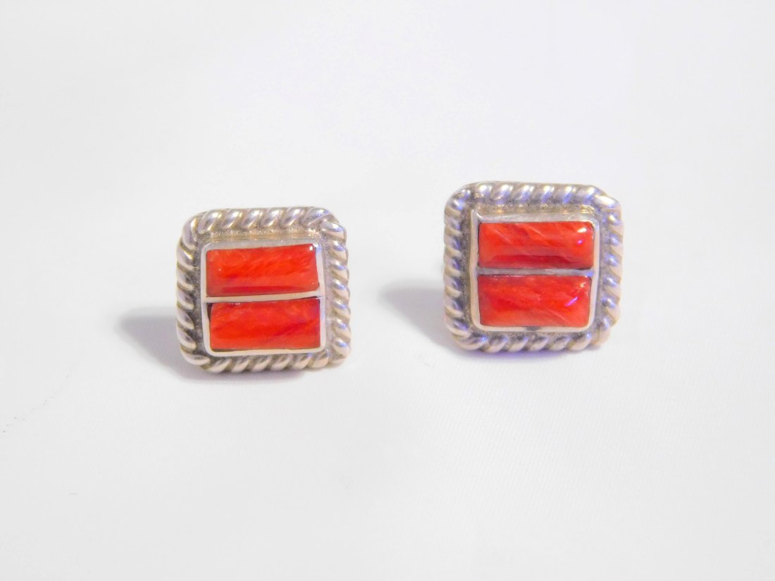 Sterling Silver Native American Red Coral Square Stud Earrings (1 of 8)