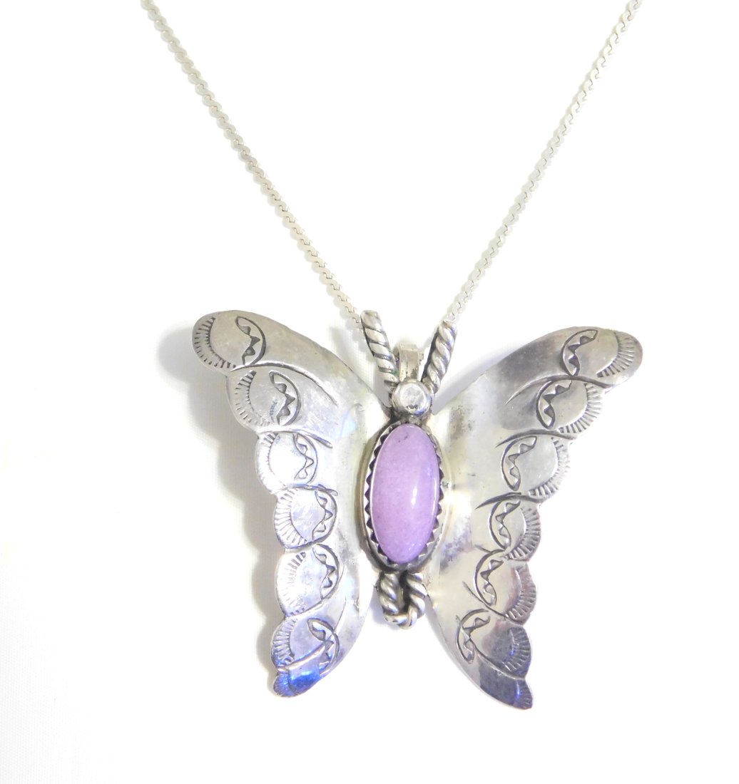 Vintage Sterling Silver Native American Butterfly w/Purple Oval Sugilite Stone Necklace Signed (1 of 6)