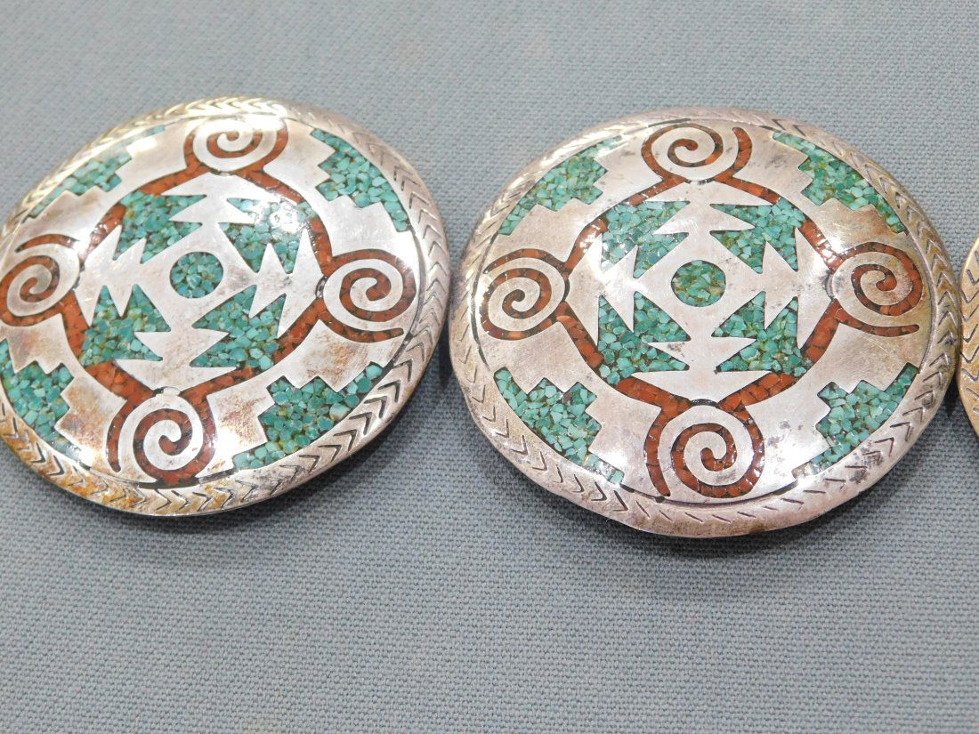 Vintage Native American Concho Sterling Silver Turquoise & Red Coral Belt Slides (1 of 18)