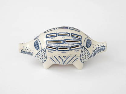 Grayson Perry "Piggy Bank": Grayson Perry "Piggy Bank" Ceramic multiple in blue and white with rubber stopper. Open edition. Published by the Serpentine Gallery, London. Original grey cardboard box. *This lot is sold subject to