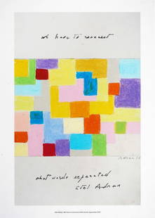 Etel Adnan "We have to reconnect what words separated": Etel Adnan "We have to reconnect what words separated" Archival digital print on HahnemuÌˆhle Bamboo 290gsm paper. Edition of 100. Hologram foil stamp on verso. Original certificate of