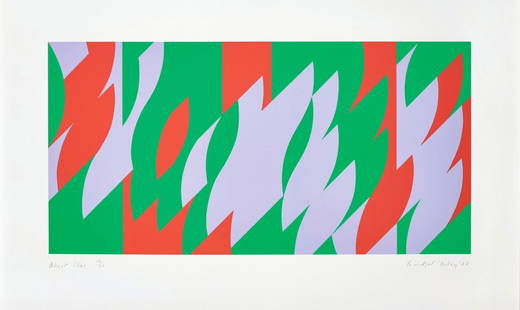 Bridget Riley "About Lilac": Bridget Riley "About Lilac" Screen print. Produced in 2007. Edition 12/75.Hand signed and numbered by the artist. Schubert 65 *This lot is sold subject to Artists Resale Rights.