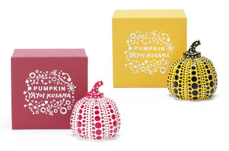 Yayoi Kusama "Pumpkins": Yayoi Kusama "Pumpkins" A pair of cast resin pumpkin sculptures, stamped with the artist's name to the base, Yellow/Black and Red/White. Published in 2016 by Benesse Holdings, Japan, each within