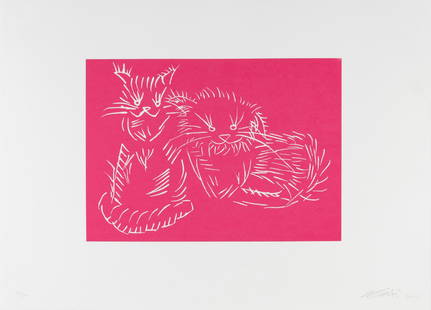 Ai Weiwei "Cats" Pink: Ai Weiwei "Cats" Pink Screenprint in pink on Somerset Velvet wove paper. Signed and numbered by the artist, 38/300. Published in 2022 by Kettle's Yard, Cambridge. *This lot is sold subject to