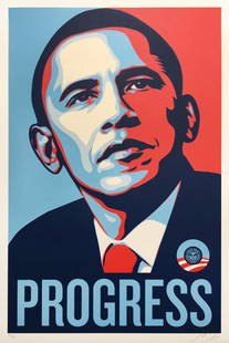 Shepard Fairey / Obey "Progress" Obama: Shepard Fairey "Progress" Obama Screenprint in colours on wove paper. Published in 2008 by Shepard Fairey / Obey. Original purchase invoice included. Edition of 350. No. 165/350. Signed and numbered