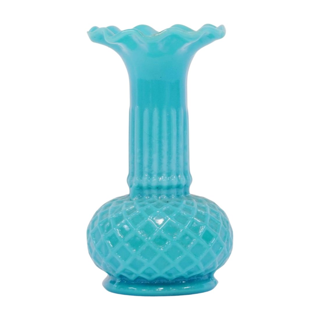 ANTIQUE FRENCH BLUE OPALINE VASE: Blue Opaline Milk Glass Vase. French in origin and date from the early part of the 20th Century. The vase feature a geometric diamond pattern and a frilled rim. Measures 5" tall and weighs 6 oz. PROVE