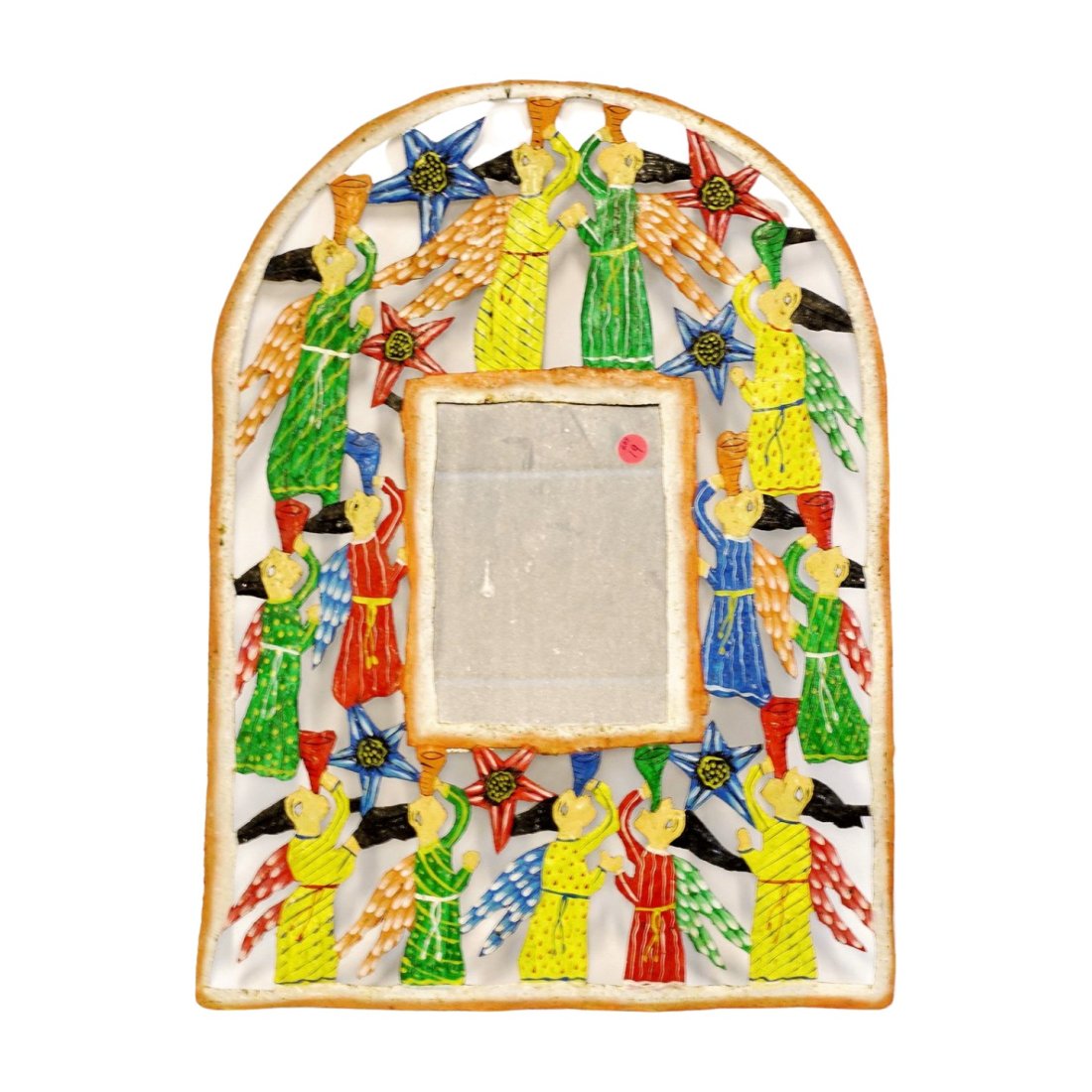 MEXICAN FOLK ART HAND PAINTED MIRROR: Vintage Mexican Folk Art Hand Cut Tin Mirror.Hand Painted Angels. 17"x24". Weight 2 lbs 2 oz. PROVENANCE: A Charleston SC Private Collection