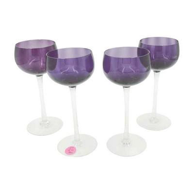 4 FOSTORIA AMETHYST WINES: Four Fostoria Amethyst Rhine Wine Glasses, clear stems. Each 3"x7". Weight on all 1 pd. PROVENANCE: A Charleston SC Private Collection