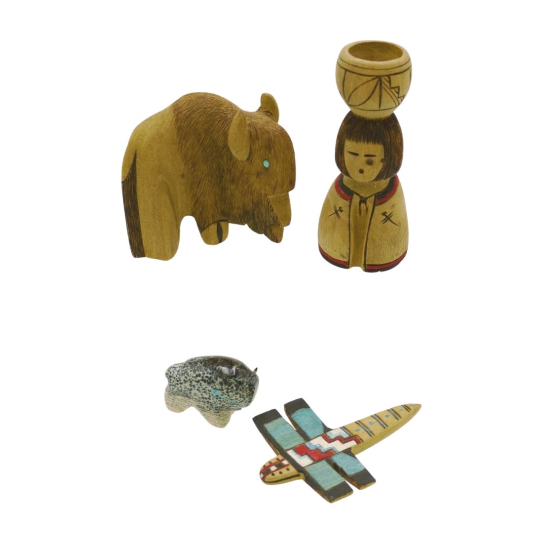 4 NATIVE AMERICAN ZUNI CARVED BUFFALO - DRAGONFLY - DOLL: 4 Piece Zuni Pueblo Carved Buffalo & Dragonfly. The first is Carved Wood Buffalo with Turquoise Eyes by Zuni artist Alan Lewis 4"x3". Next a Carved Wood Dragonfly also by Zuni artist Alan Lewis 2.50"x