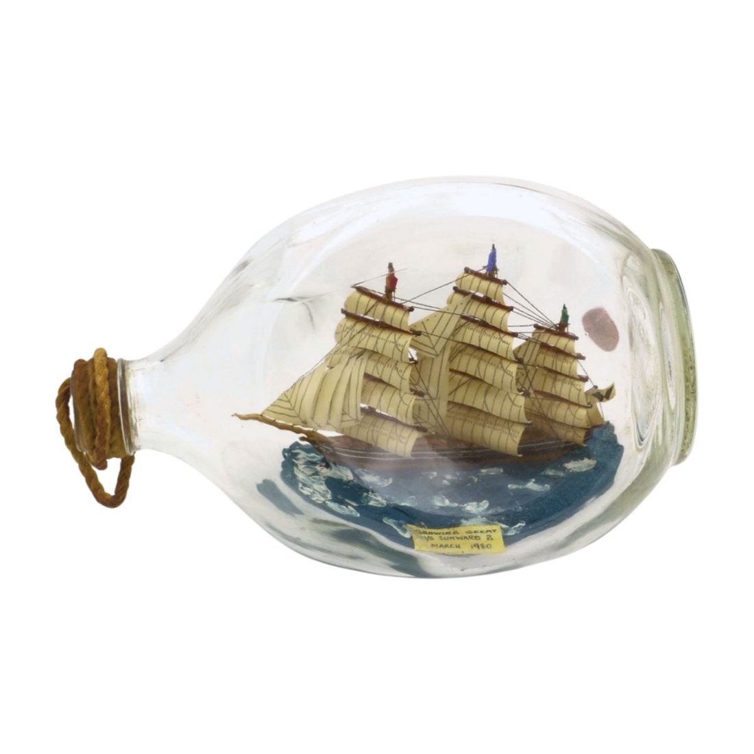 VINTAGE SHIP IN A BOTTLE ENGLAND: Vintage Ship in a Bottle c. 1980. Hand Made in England. Growing Great M/S Sunward 2. In a John Haig Scotland, Dimpled Scotch Bottle. 8" long x 5" high. Weight 3 pds PROVENANCE: A Charleston SC Estate