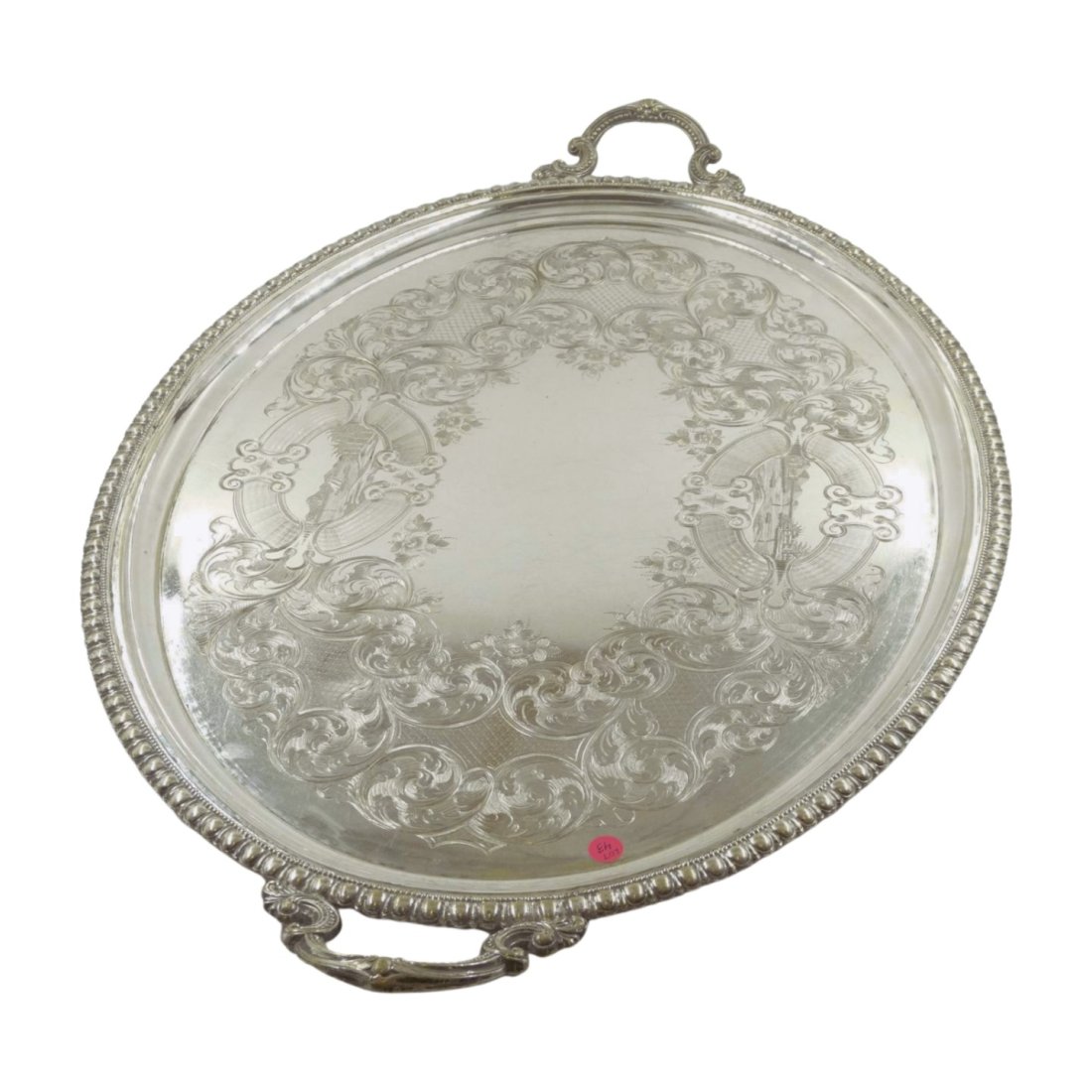 LARGE ANTIQUE AMERICAN SILVER PLATE TRAY: Monumental Antique American Silverplate Tray. Back stampede A. Greenwald & Co, Newark, NJ. Ornate Scroll Handles. Chased scroll, foliage and river scenes. 17 pds. No monograms. 35"x23.5"x2. Weight 17 