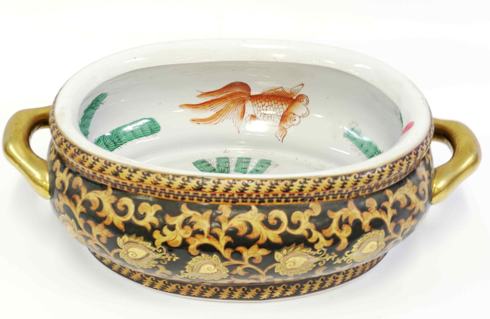 VINTAGE LARGE CHINESE PORCELAIN FOOT BATH: Chinese Porcelain Chinoiserie Foot Bath/Planter with Koi Fish Interior. Gilt accents and Gold Handles. 18.5"x12"x6.50". 11 lbs. PROVENANCE: A Charleston SC Private Estate