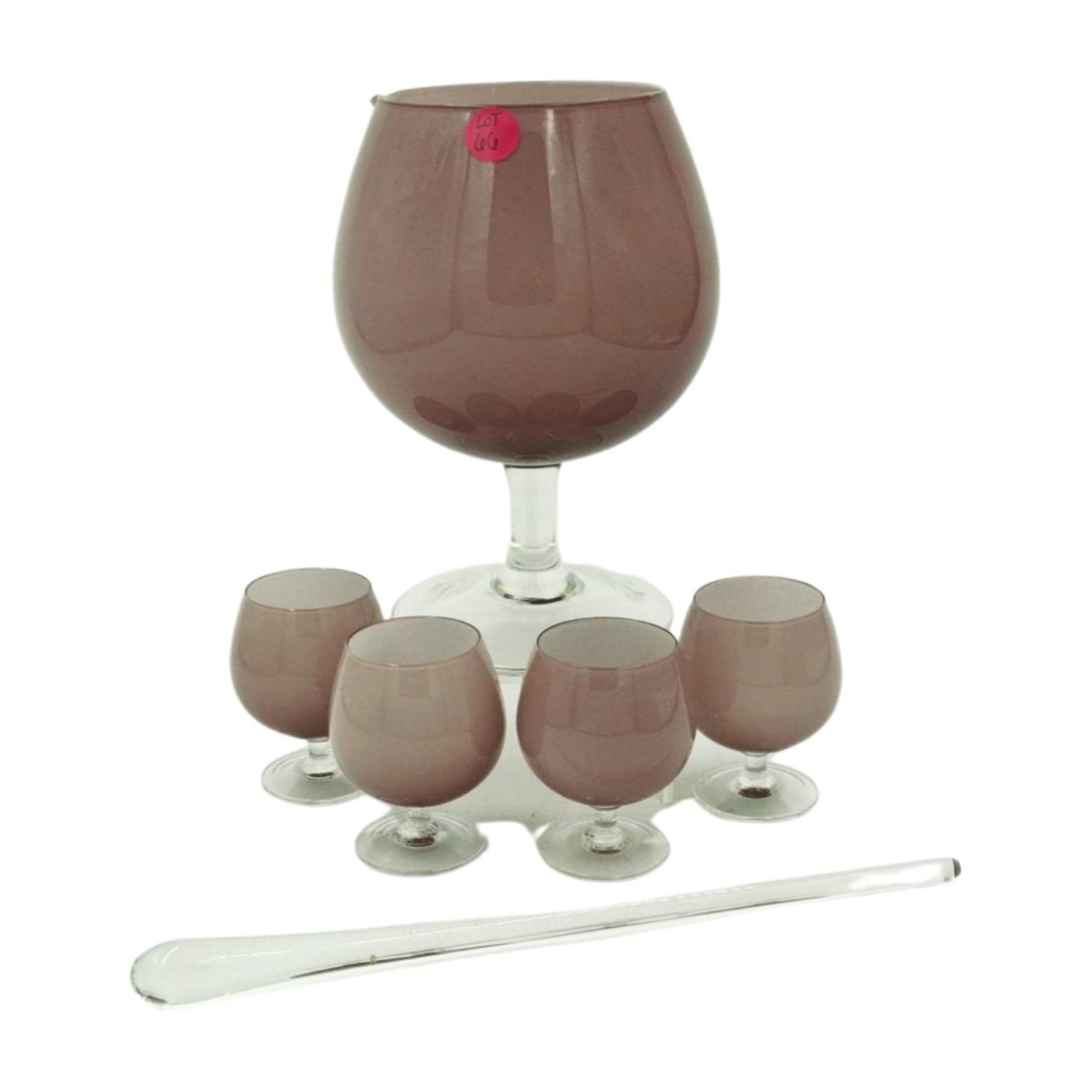 MCM PINK CASED COCKTAIL SET: MCM Pink Cased Cocktail Set. Pitcher, Glass Stirrer and 4 cocktail / brandy glasses. Pitcher 6"x6"x8.50". Stirrer 12". Glasses 2.50"x3.25". Weight 2 Pds, PROVENANCE: A Charleston SC Private Estate.