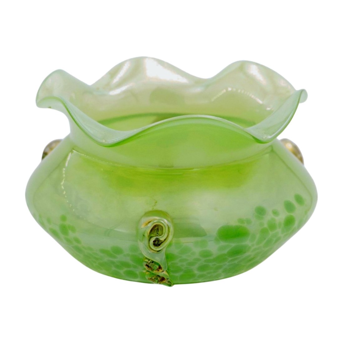 BOHEMIAN ART NOUVEAU BOWL: Antique Bohemian/Czech Art Nouveau Bowl with applied Tadpole prunts, 5"x3". Weight 12 oz. PROVENANCE: A Charleston SC Private Collection