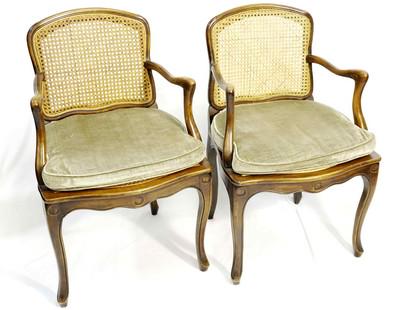 PAIR RORIMER-BROOKS STUDIO CANED FRENCH STYLE CHAIRS: Pair Antique Rorimer-Brooks Studio French Style Caned Arm Chairs. Sage velvet cushions. Each 20"x21"x32". Rorimer-Brooks furniture and interior design studio was considered the pinnacle of high style 