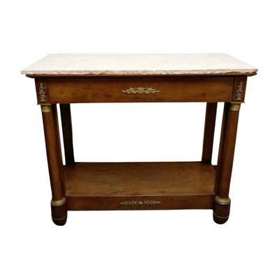 19th c AMERICAN EMPIRE PIER TABLE: Early 19th c Period American Empire Pier Table. Bronze Mounts. Central Bronze Swan Mount.on center drawer. Marble top repaired (glued).. 45.5" x 21" x 39" PROVENANCE: A Charleston SC Private Collectio