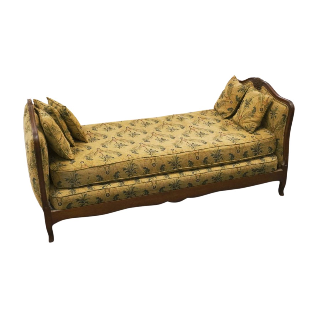 ANTIQUE CARVED FRENCH DAY BED: Antique Carved Walnut French Daybed with custom mattress and custom palmetto tree upholstery. 80"Lx42"Wx38"H. Just the mattress 73 long 39 wide 5 1/2". PROVENANCE: A Charleston SC Private Estate