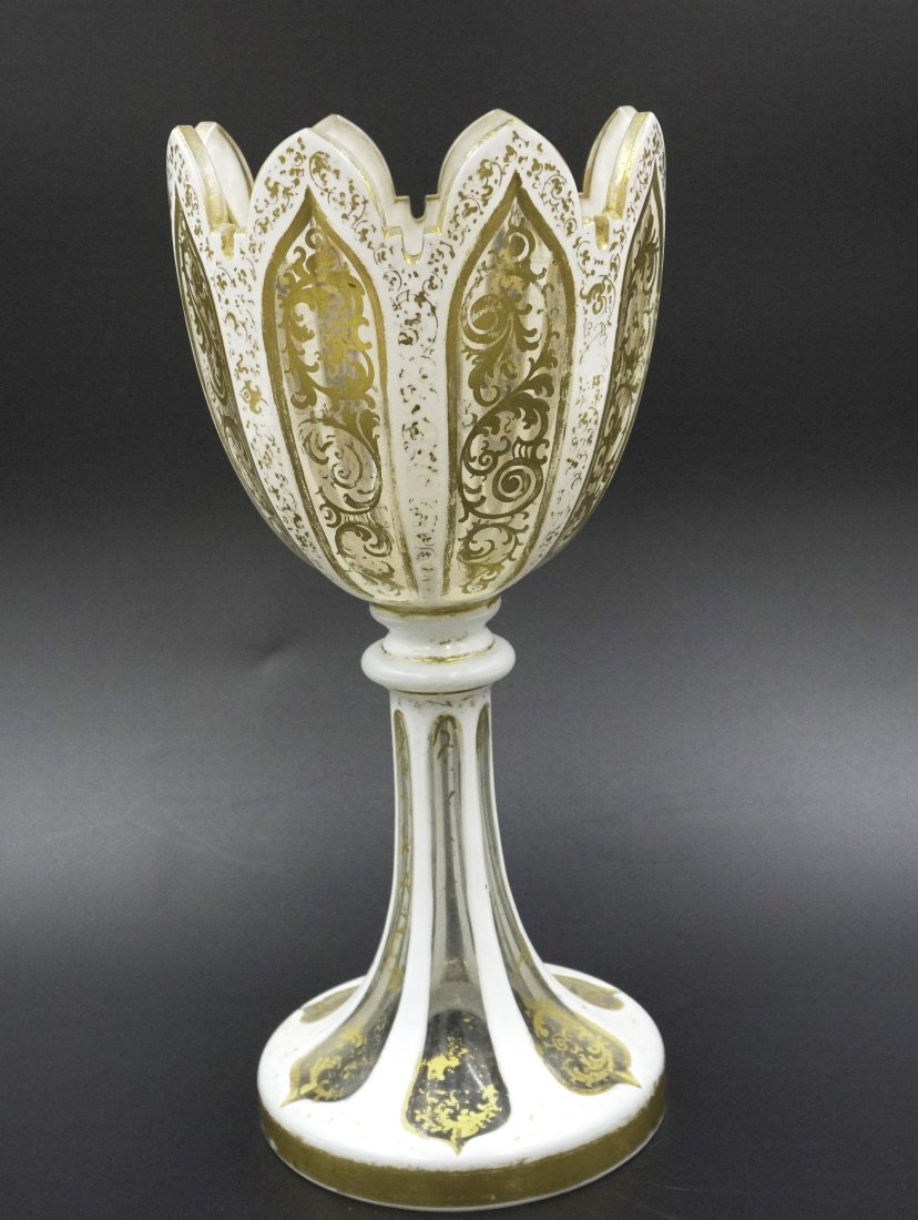 BOHEMIAN WHITE GILT GLASS COMPOTE: Antique Bohemian Cut Glass Compote. White and Gilt Enamel on Clear. Measures 4 1/2"x11 1/2".Weight 2 lbs 1 oz. PROVENANCE: A Charleston SC Private Collection