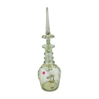 TALL BOHEMIAN ENAMELED GLASS DECANTER: Antique Clear Bohemian decanter bottle enamel decorated with flowers, gilt panels, and gold jewels. Chip to stopper bottom. Measures 6"x17 1/2". Weight 6 lbs 2 oz. PROVENANCE: A Charleston SC Private
