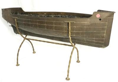 ANTIQUE COPPER BOAT MODEL: Unique one-of-a-kind large copper ship model, hand crafted with wrought iron display stand. 35" x 9" x 16", PROVENANCE: A Charleston SC Private Estate.
