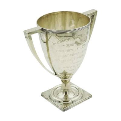 ANTIQUE STERLING IMPRESSIVE 1904 SPORTING TROPHY: Impressive Antique Meriden Sterling Silver Sporting Trophy 1904. Won by William M. Copp in September of 1904. First Prize Rifle Shooting, First Prize Bowling and Second Prize Pigeon Shooting . 10.50"x