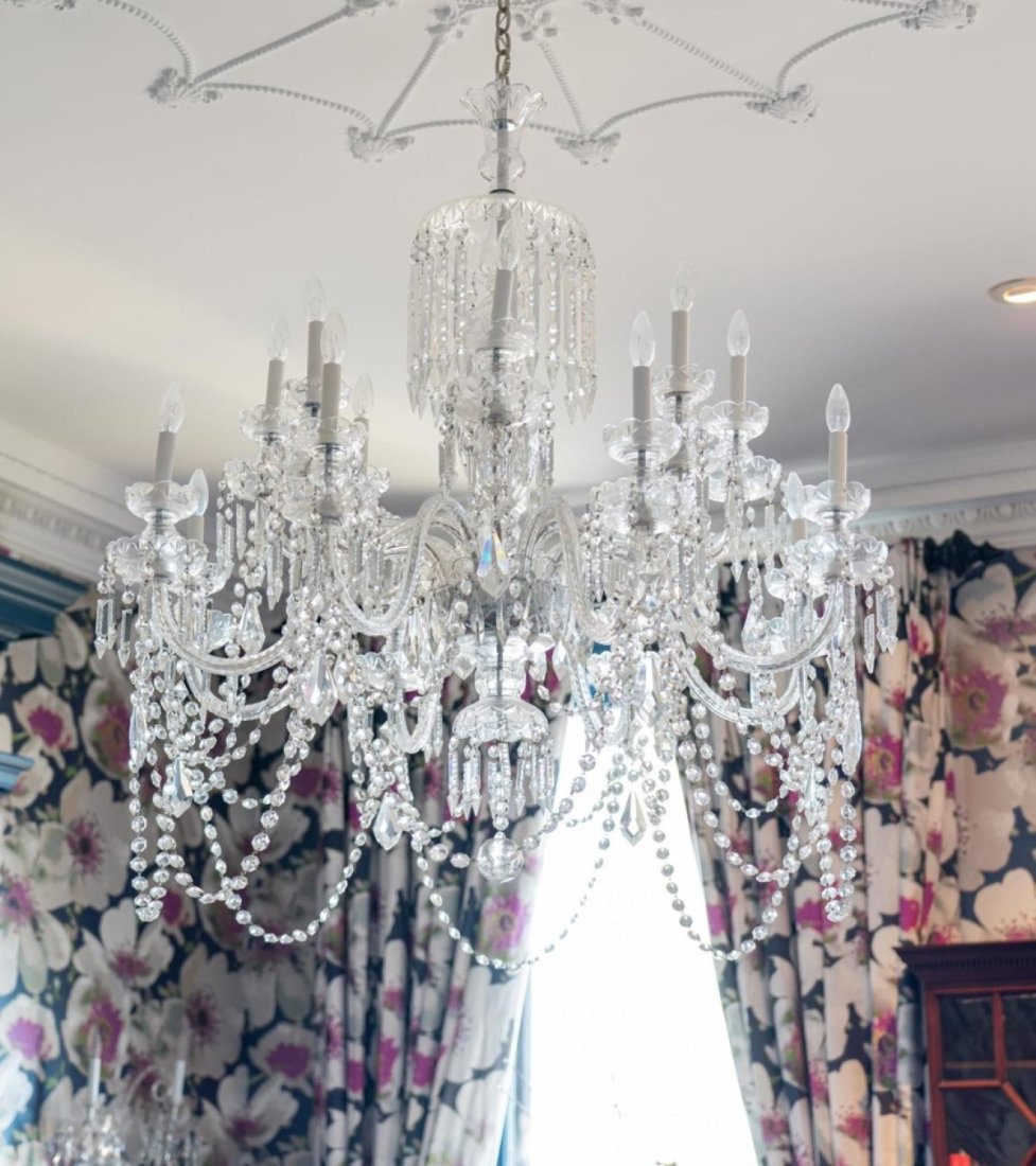 CUT CRYSTAL 16 ARM CHANDELIER CHARLESTON BATTERY: Exceptional Antique Cut Crystal 16 Arm Chandelier. Possibly by Baccarat. From a Historic Charleston Battery Home. 36” H - with crystal and chain hanging 44”X 36” W. In wooden crate.