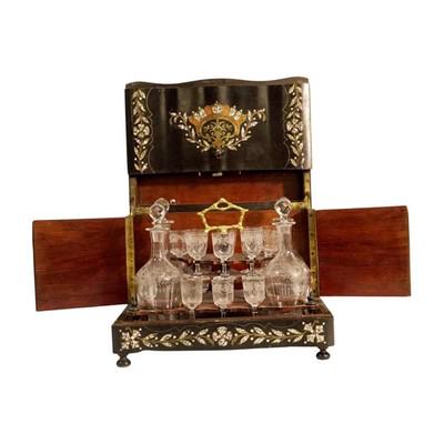 NAPOLEON III INLAID LIQUOR CABINET 19TH C: Antique French Napoleon III Tantalus Liquor Cabinet 19th c. Cabinet in blackened pear wood with marquetry of exotic wood, threads of brass and mother of pearl inlay. The cabinet includes the original 