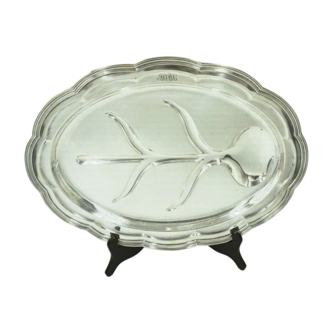 4 PC TIFFANY & CO SILVER PLATE SERVING PLATTERS: Rare Antique set of 4 Matching Silver Plate Serving trays. All are Tiffany & Co and marked. All are c 1910-1920. All are monogrammed. Scroll footed meat tray with well. 20"x14"x2.25". Serving Trays 18