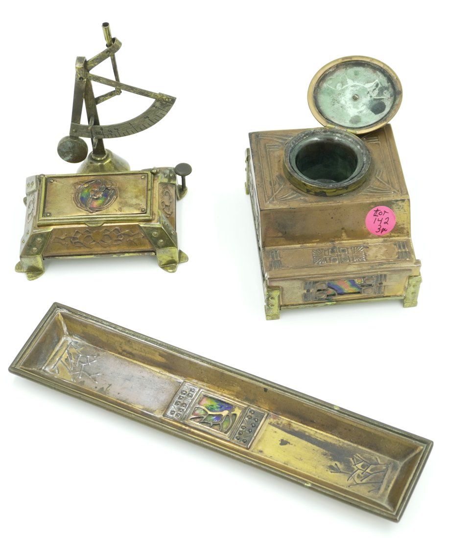 ART NOUVEAU DESK SET COPPER & ENAMEL: True Art Nouveau Era c. 1890=1900 Copper & Enameled Desk Set. Inkwell and pen rest, copper with raised Art Nouveau decoration, multicolored enamel inserts front and top, brass feet and bottom rails, g