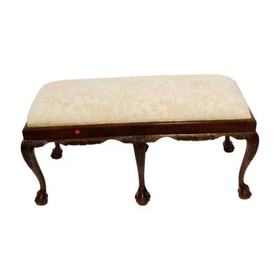 CARVED MAHOGANY CHIPPENDALE BENCH: Carved Mahogany Chippendale Style Bench. Acanthus leaf carved knees on 6 Ball and Claw carved feet. Palm and Elephant Chenille Upholstery in cream. .44" long, 22" wide and 21.5: tall
