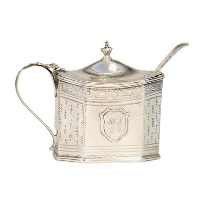 STERLING SILVER 1794 ENGLISH MUSTARD POT: Fine Quality English George III Sterling Silver Mustard / Condiment Pot made by Solomon Hougham, London, in the year 1794. Amethyst Cut Glass Liner. With Georgian Sterling Silver Spoon 4.25". Pot 4.25