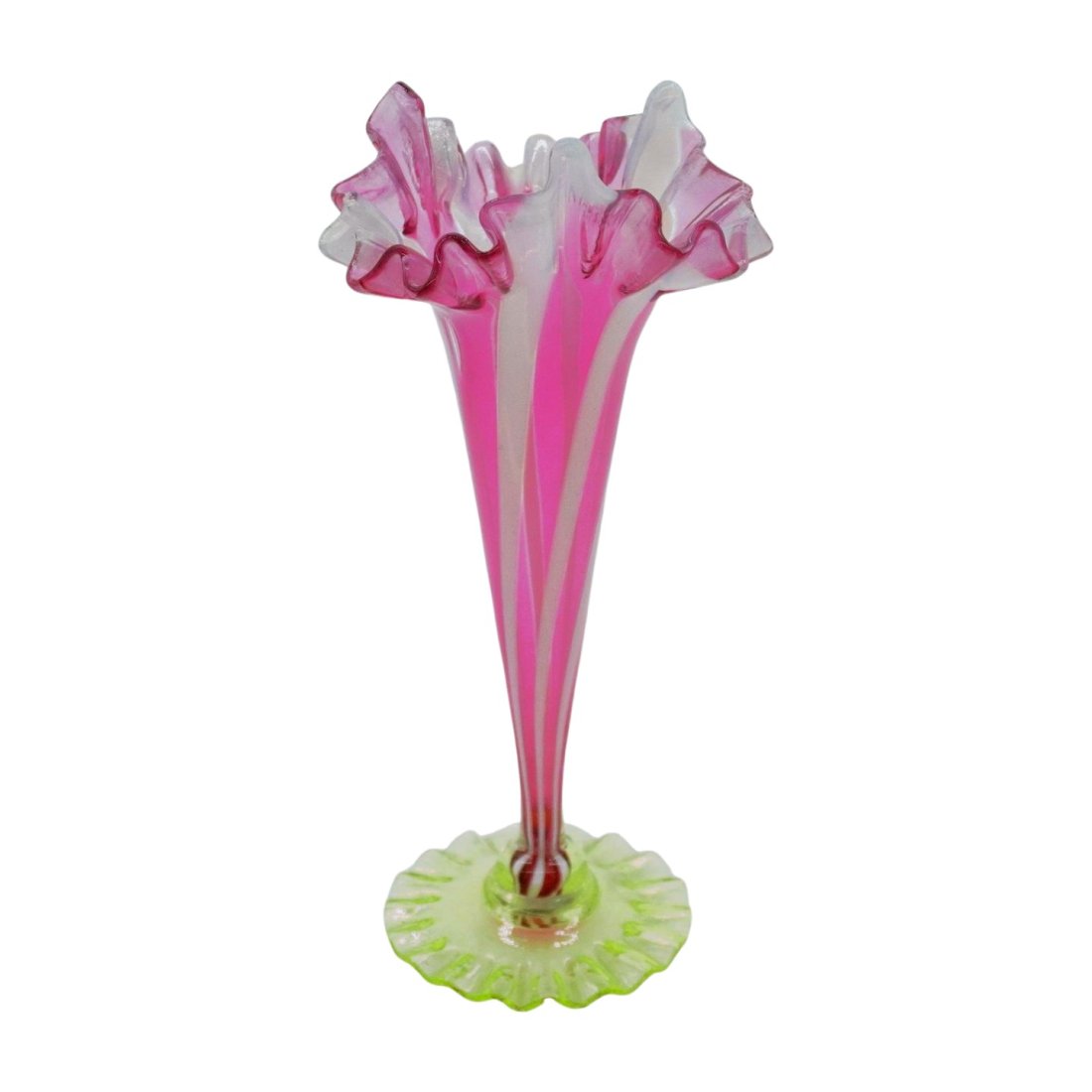 CRANBERRY OPALESCENT VASELINE TRUMPET VASE: Cranberry and White Opalescent Trumpet Vase with Vaseline Foot. 3" wide and 7 1/2" tall. Weight 12 oz. PROVENANCE: A Charleston SC Private Estate.