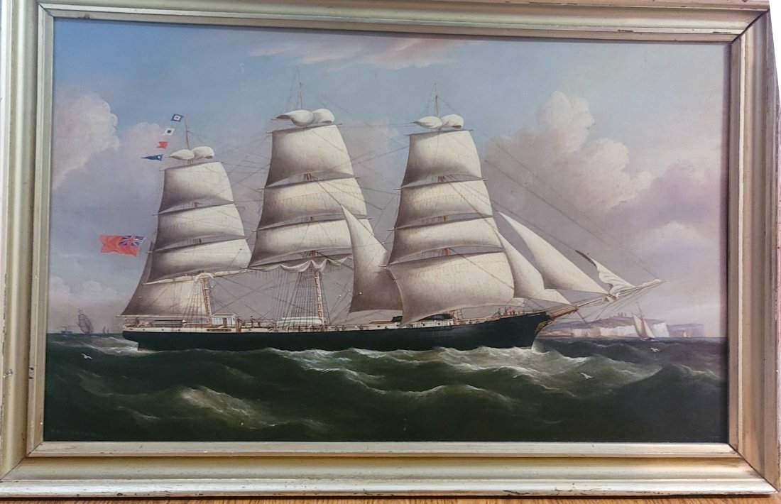 RICHARD BALL SPENCER (UK, 1812-1897) OIL PAINTING: Three Masted British Clipper Ship "William" Oil on Canvas. Signed lower left "R.B. Spencer". Purchased at the Kensington-Stobart Gallery, 165 King Street, Charleston, SC. Measures 41"x27"x2". William 
