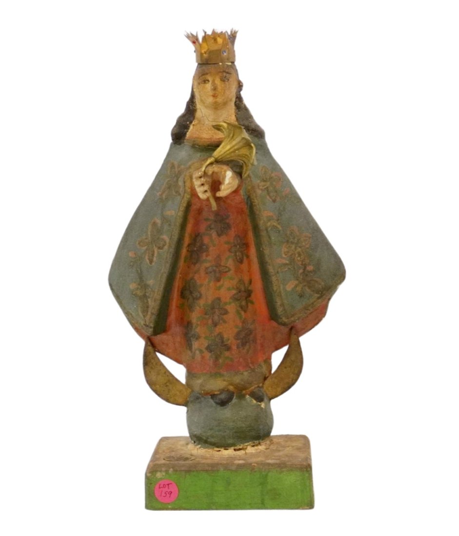 SPANISH COLONIAL VIRGIN MARY SANTO: Antique Spanish Colonial Mexico, early 19th century Virgin Mary Santo. With Lily and Crown. . A solemn, beautiful representation of the Virgin Mary, hand-carved from wood, her face shown downcast and 
