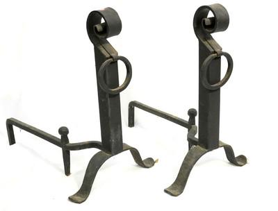 ARTS & CRAFTS WROUGHT IRON ANDIRONS: Arts & Crafts Era Hand Wrought Iron Andirons. 20"L x 14" w x 23" h. Weight approximately 25 pds. PROVENANCE: A Charleston SC Private Estate.