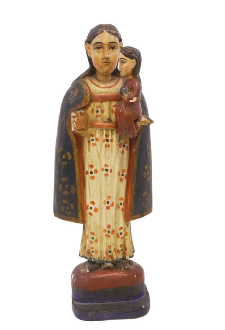 ANTIQUE 19TH C MARY AND JESUS SANTO: Antique Spanish Colonial early 19th c hand carved polychrome and wood santo, Mary and Baby Jesus, 5"x3"x14". 1 lb 2 oz. PROVENANCE: A private Charleston Collection
