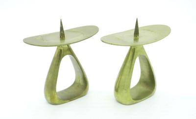 PAIR MCM CARL AUBOCK ATTRIBUTED CANDLESTICKS: Pair of MCM Carl Aubock attributed Solid Brass Candlesticks, Model 3600 Pair, Austria, 1950s. Unmarked. Approx 5 w x 3 d x 5 h in (13 x 8 x 13 cm). Weight 3 pds. 10 oz. PROVENANCE: A Charleston SC Pri