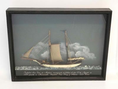 VINTAGE SPANISH DIORAMA SHIPS MODEL: Glass enclosed diorama model of the sailing vessel Jabegue Dos Hermanos (Palma de Mallorca). Inscription on bottom reads "Jabegue Dos Hermanos de 100 t. Matricula de Palma de Mallorca, que al mandodel