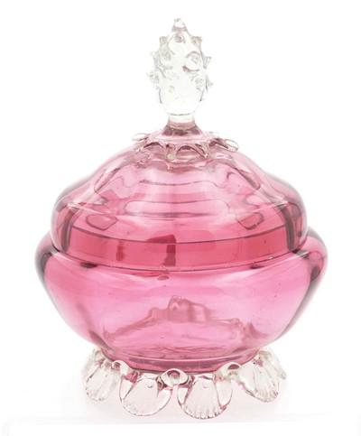 ANTIQUE CRANBERRY FOOTED LIDDED BOWL: Antique Victorian 19th c Cranberry Lidded Candy / Bonbon Bowl with Thistle Glass Finial and Leaf Feet. 5"x5"x7"". Weight 1 pd 3 oz. PROVENANCE: A Charleston SC Private Estate