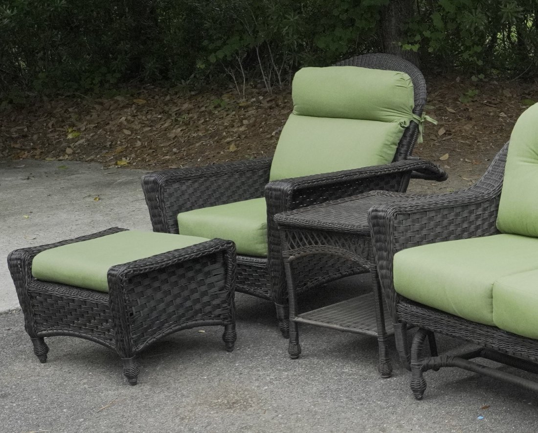 4 PIECE WICKER SET. LOUNGE - ARM CHAIR - OTTOMAN - TABLE: Perfect for Summer. Faux Wicker Large Lounge, Comfortable Armchair, Ottoman and Side Table. lounge 68" long, 42" wide, 51" high. Chair 41" long 37 1/2" wide, 4.1/2" high. Ottoman 30 1/2" long, 20 1/2"